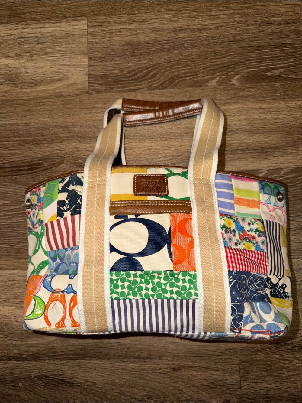 COACH Vintage Patchwork Multicolor Tote Bag with Tan Handles
